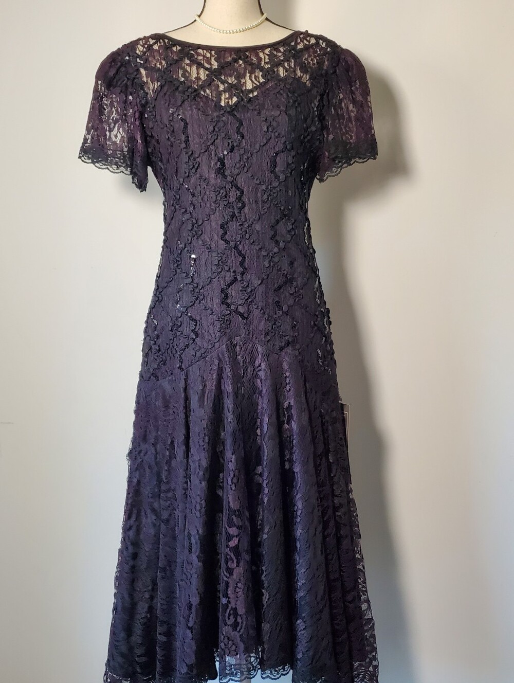 Vintage HW Collections 1980's Purple Black Lace Sequin Drop Waist Midi Dress 12